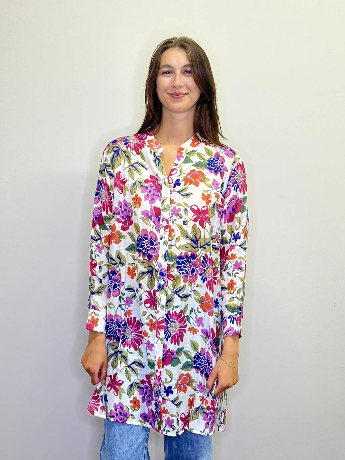 Papillon - Floral Button Front Tunic With Tab Sleeves