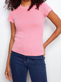 CHARLIE B Tencel Ribbed Crew Neck Tee in candy pink - women's t-shirt - detail view