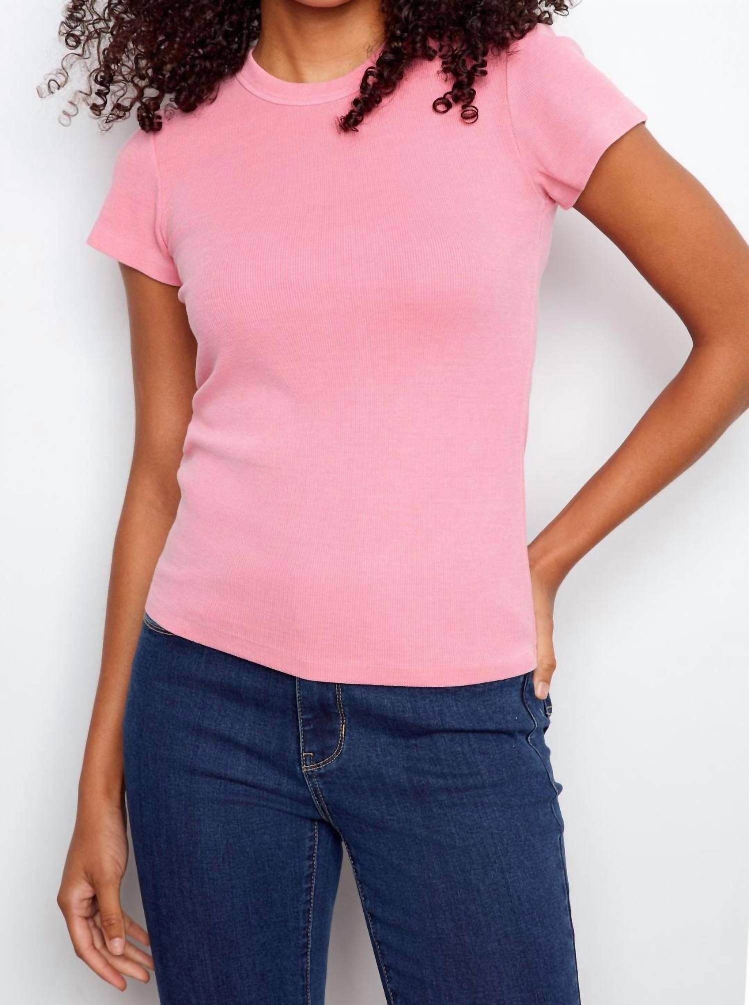 CHARLIE B Tencel Ribbed Crew Neck Tee in candy pink - women's t-shirt - detail view