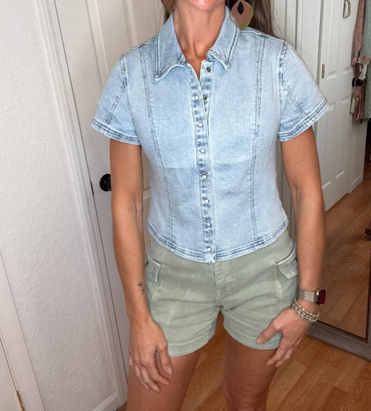 Risen - Lyra Cropped Denim Short Sleeve Top