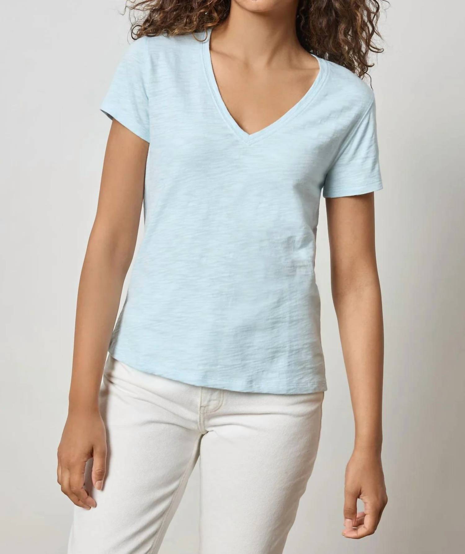 Lilla P Short Sleeve Back Seam V-neck Top in spa - women's t-shirt