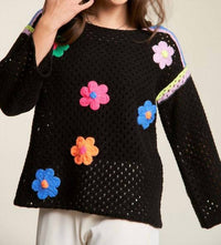 DAVI & DANI Crochet Flower Patched Sweater in black - women's sweater - detail view