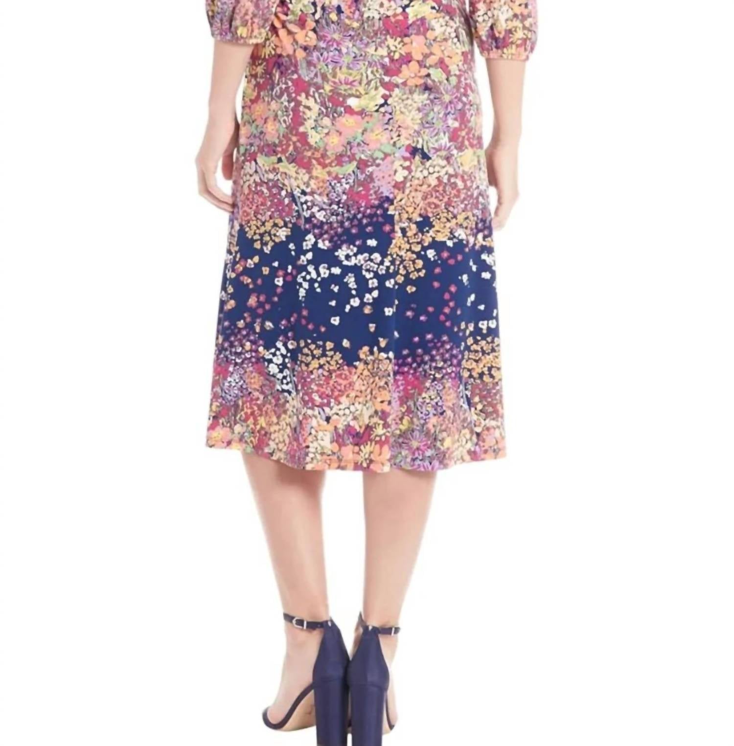 London Times - Flower Print A-Line Midi Dress
