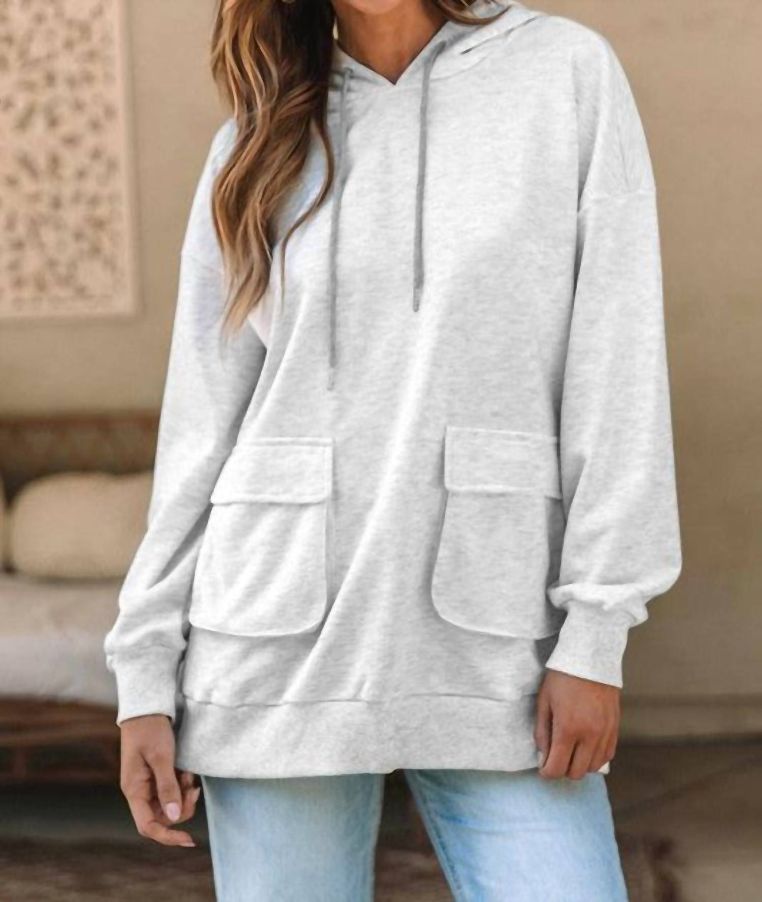 Shewin Double Flap Pocket Drawstring Hoodie in apricot - women's top