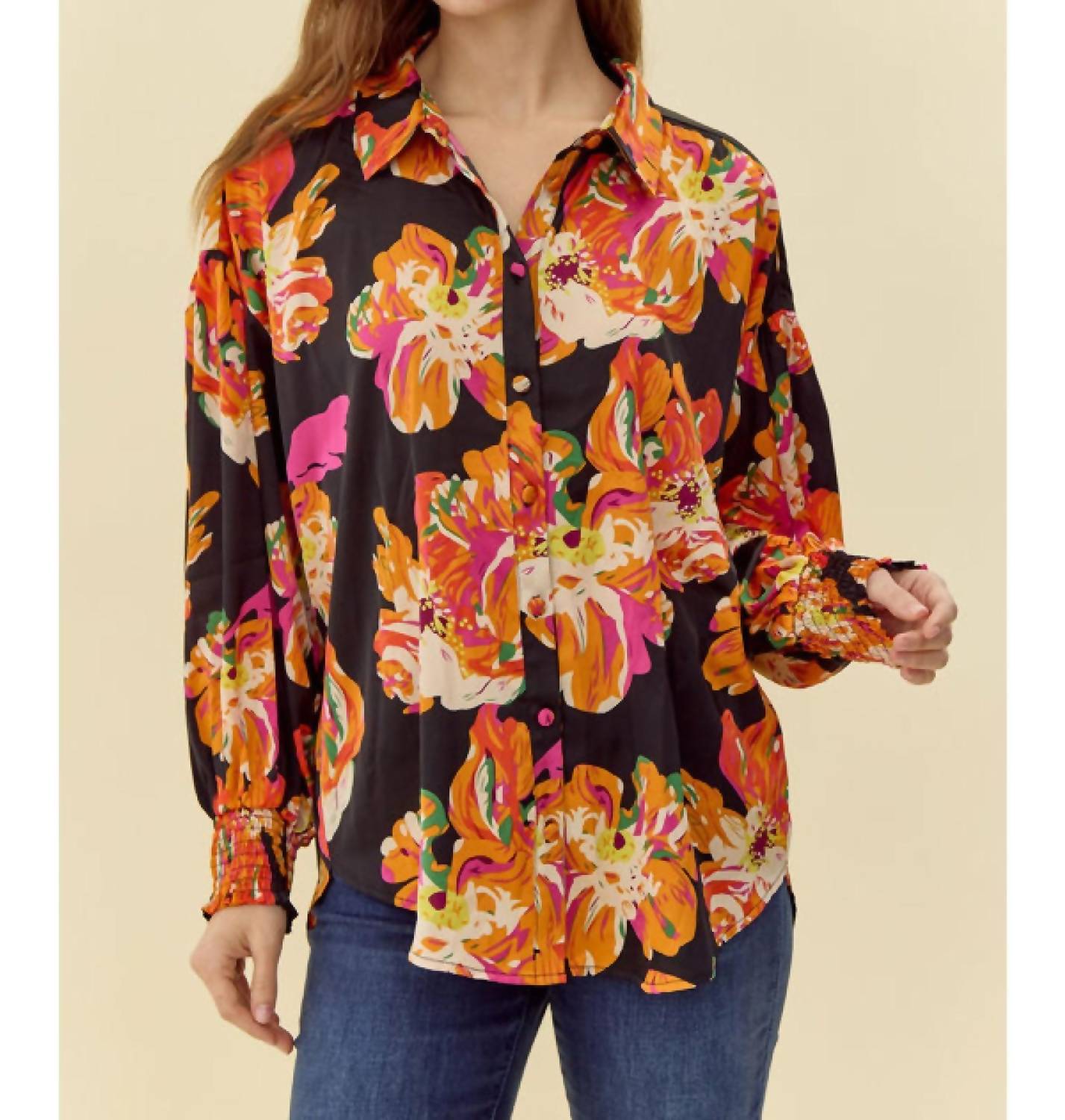 Jodifl Satin Vibrant Flower Print Button Front Shirt in black - women's blouse