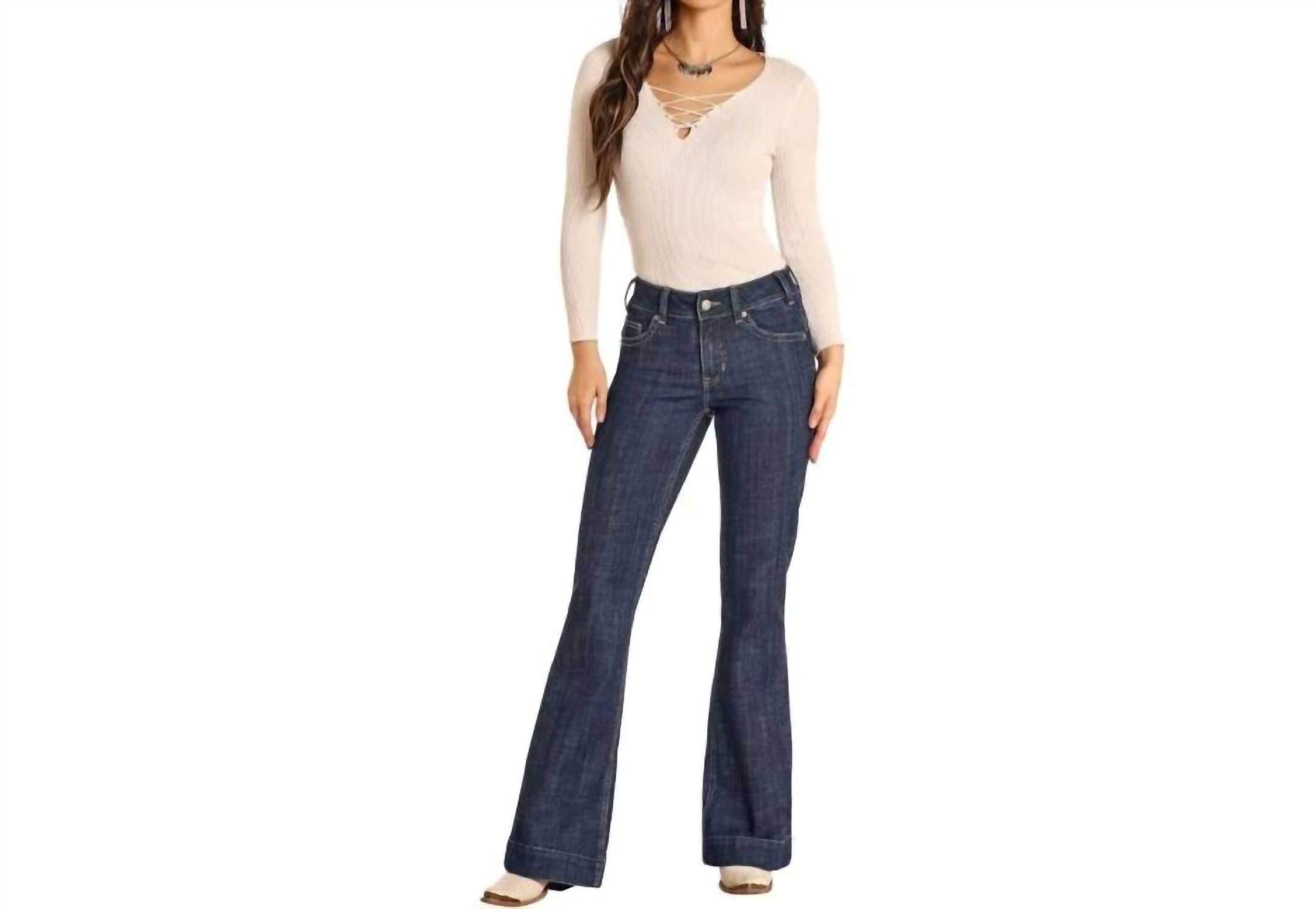 Rock & Roll Denim Diamond Belt Loop Mid Rise Trouser in dark wash - women's pants