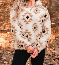 She + Sky - Half Zip Printed Teddy Pullover Sweatshirt