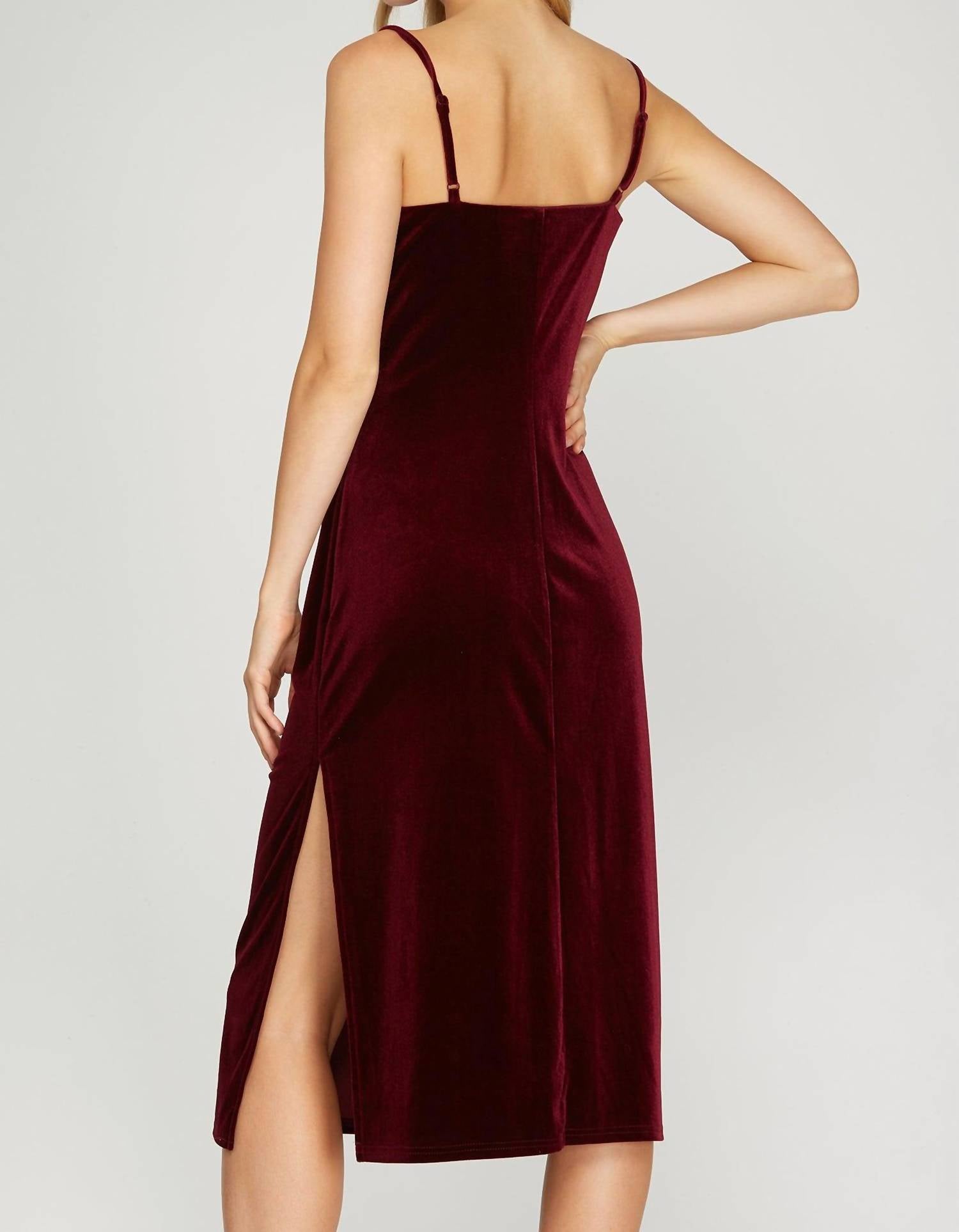 She + Sky - Velvet Camisole Dress With Cowl Neck And Side Slit