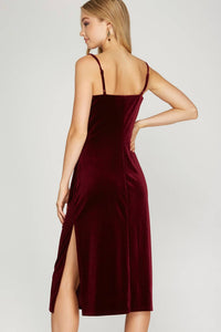 She + Sky - Velvet Camisole Dress With Cowl Neck And Side Slit