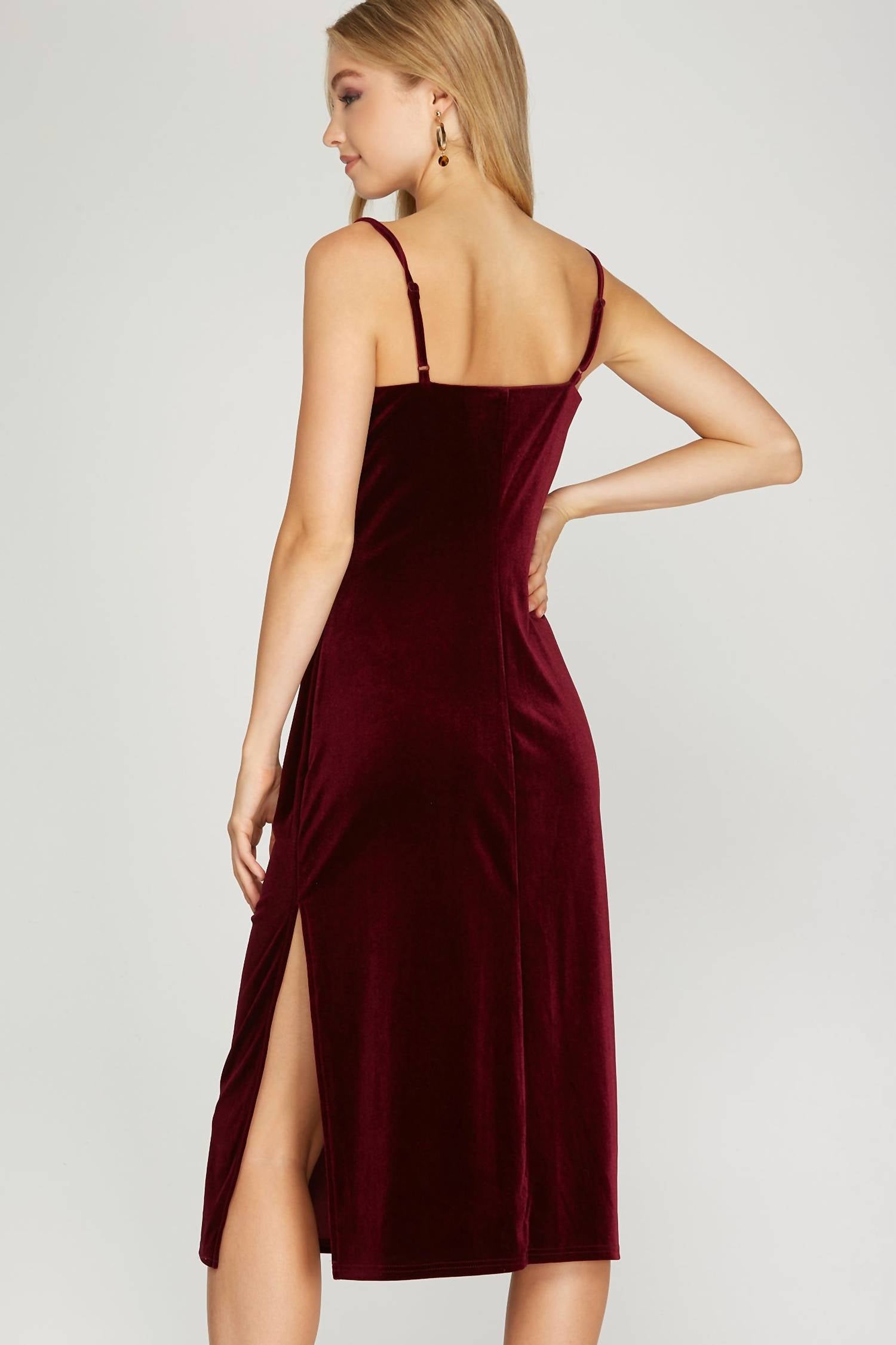 She + Sky - Velvet Camisole Dress With Cowl Neck And Side Slit