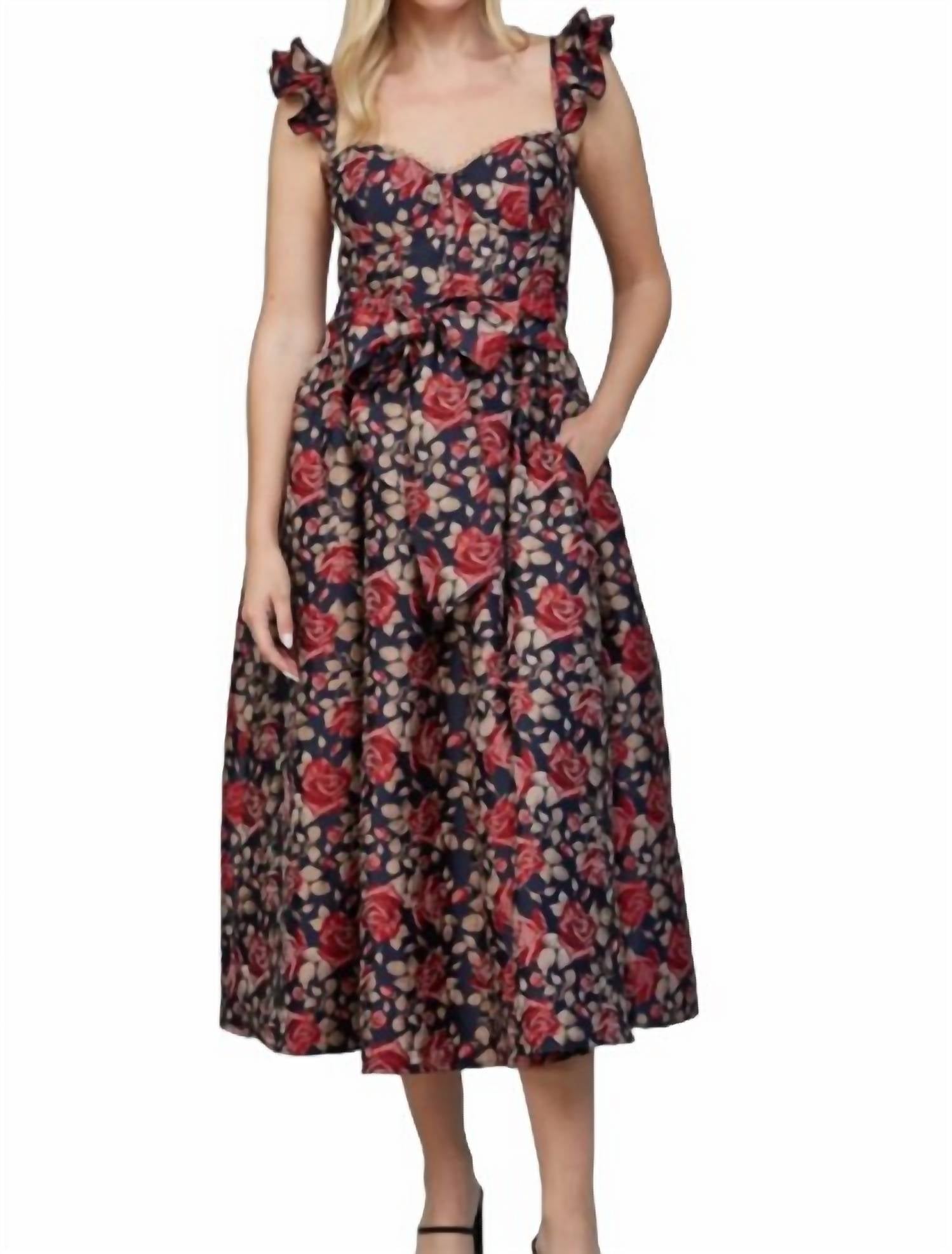 Fate - Floral Jacquard Ruffled Cap Sleeve Tie Waist Dress