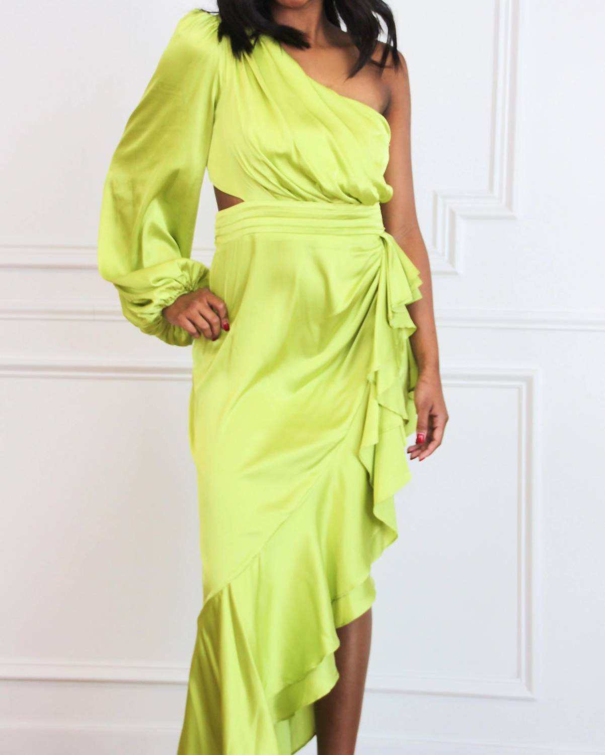 Luxxel - Barcelona One Shoulder Satin Ruffle Maxi Dress