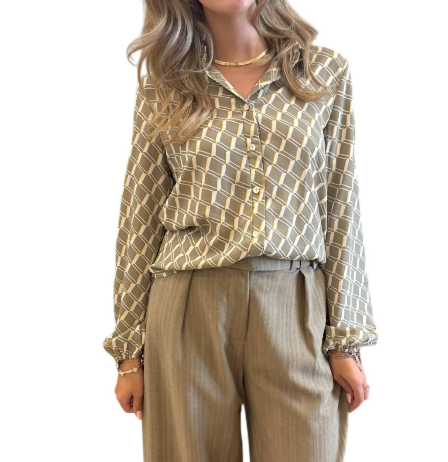 BUCKETLIST Alexis Geometric Print Long Sleeve Top in taupe - women's shirt