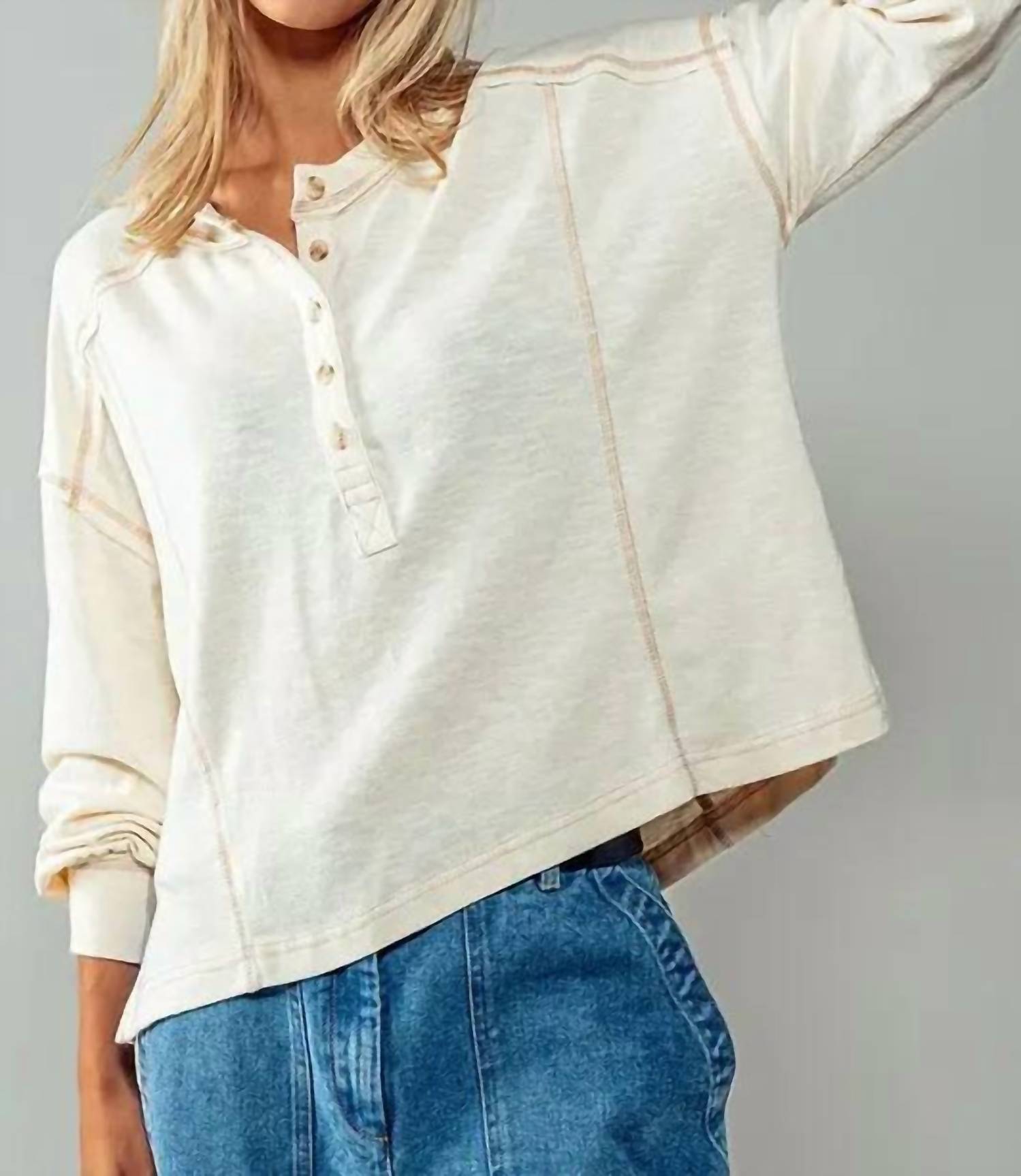 Urban Daizy Couture Stitched Long Sleeve Henley Top in cream - women's long sleeve top