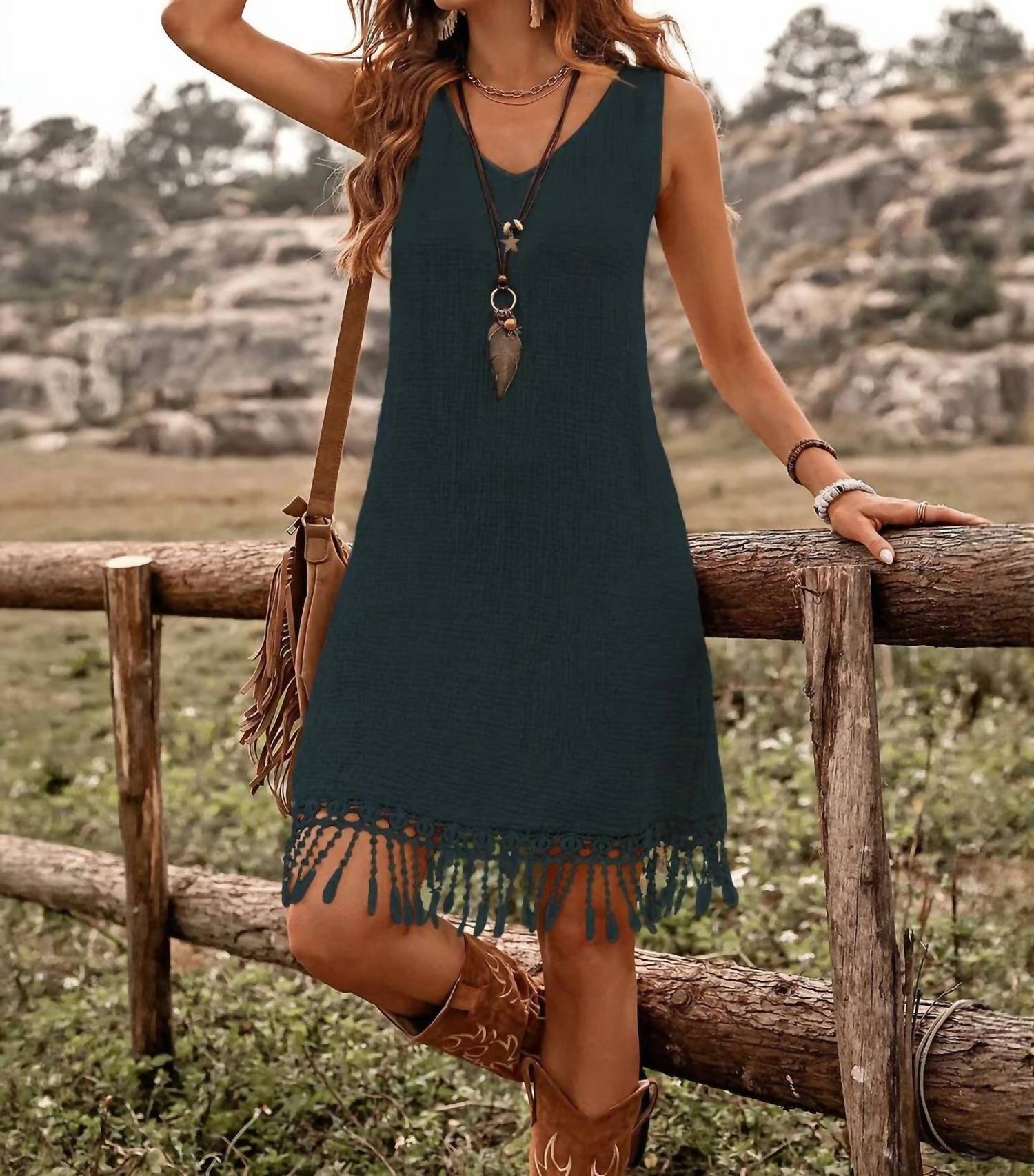 Newself Collection Bohemian Fringed Sleeveless Dress in dark teal - women's dress - detail view