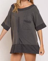 POL Crusin' Rib Trimmed Top in stone charcoal - women's dress - view 4