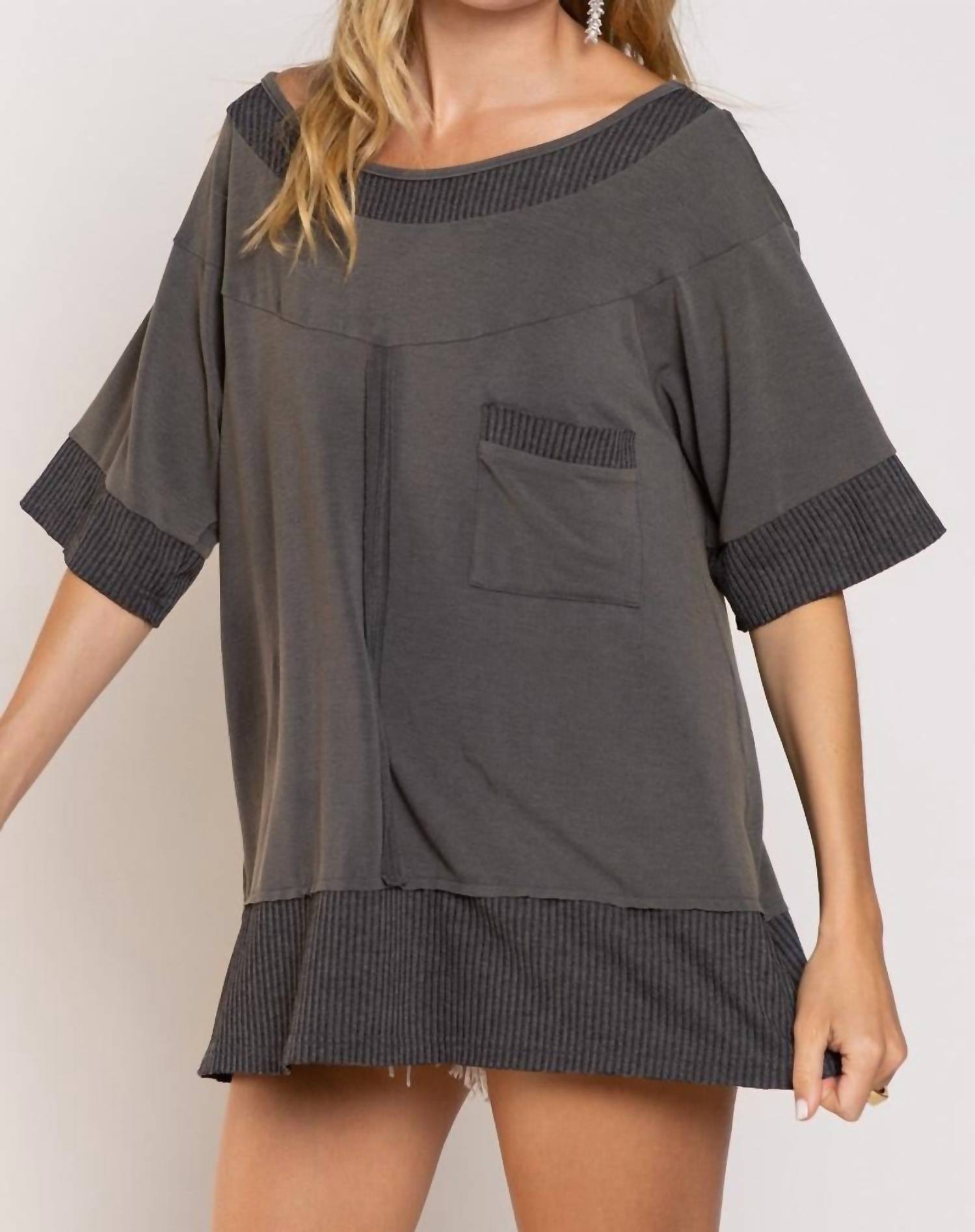 POL Crusin' Rib Trimmed Top in stone charcoal - women's dress - view 4