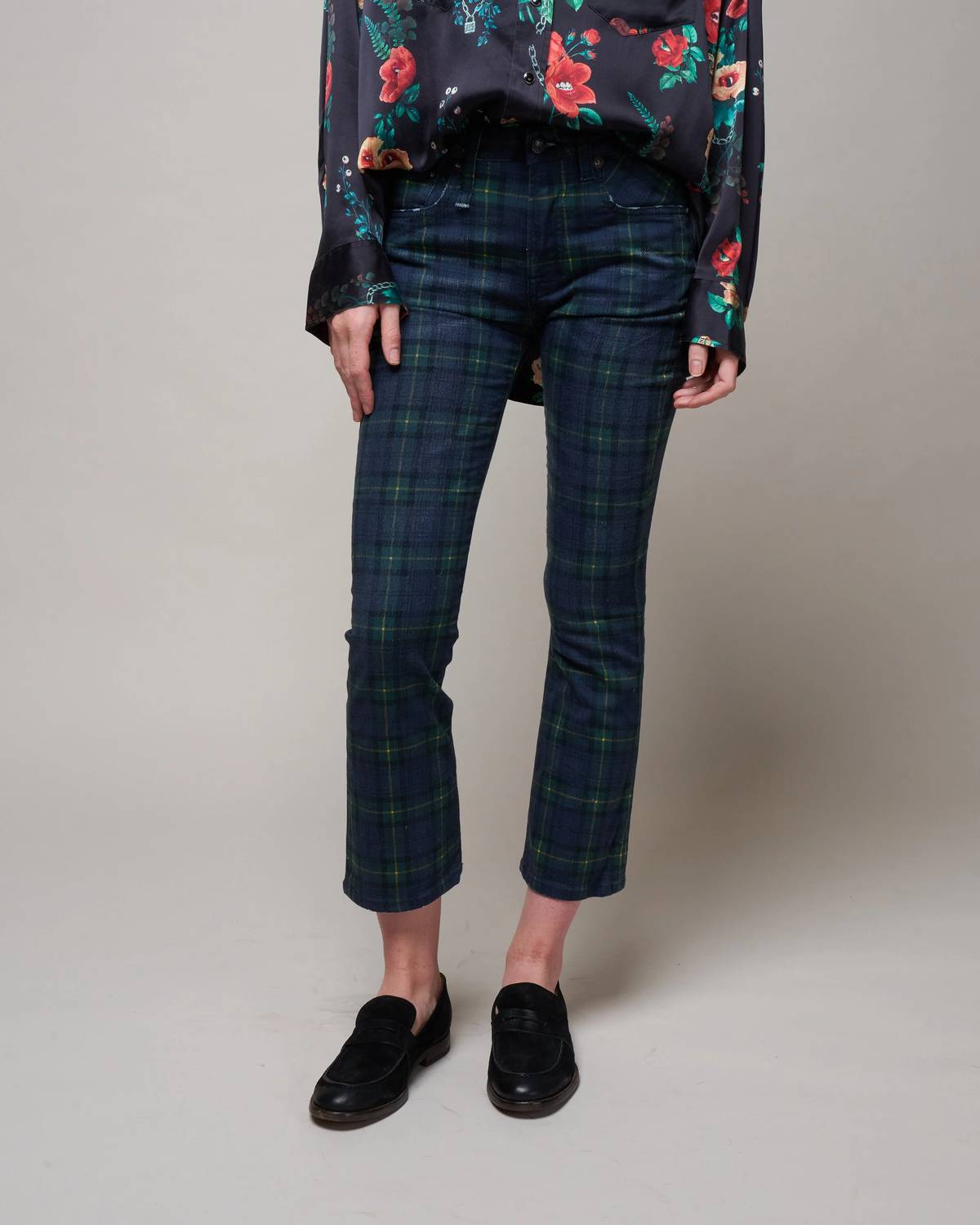 R13 Kick Fit Jean in printed tartan - women's jeans