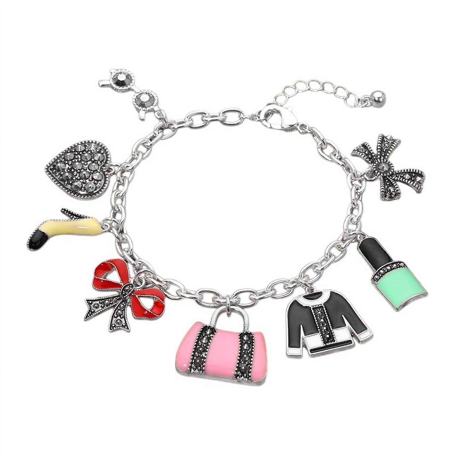 Wona Trading - Stone Paved Heart Bow High Heel Bag Lipstick Charm Station Bracelet