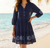 Karen Kane - Blouson Sleeve Embroidered Lace Trim Tiered Dress