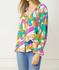 entro Abstract Button Down Blouse in orchid mix - women's blouse - alternate view