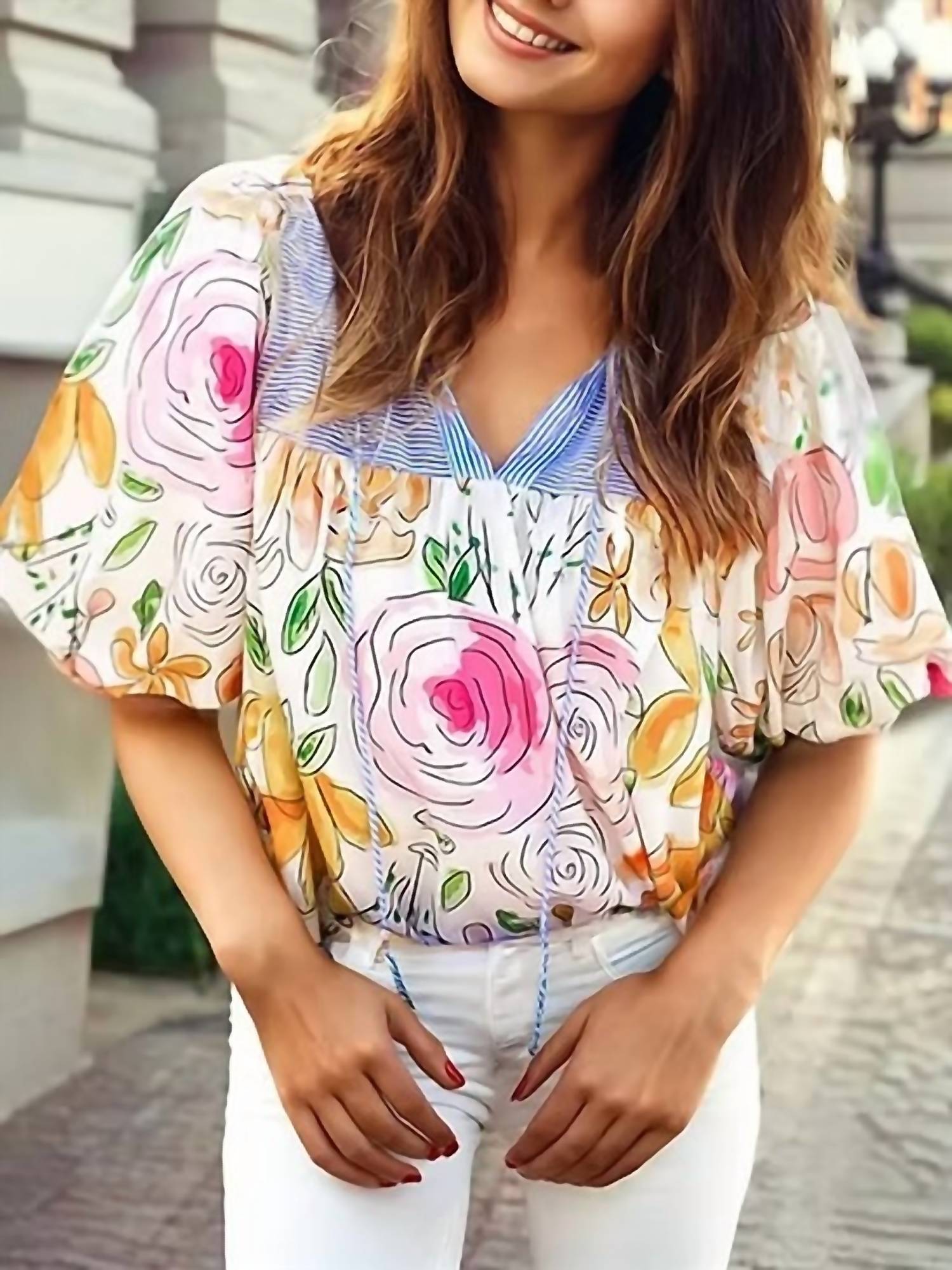 1 The Woman - Floral Striped Yoke Frilled V-neck Puff Short Sleeved Blouse