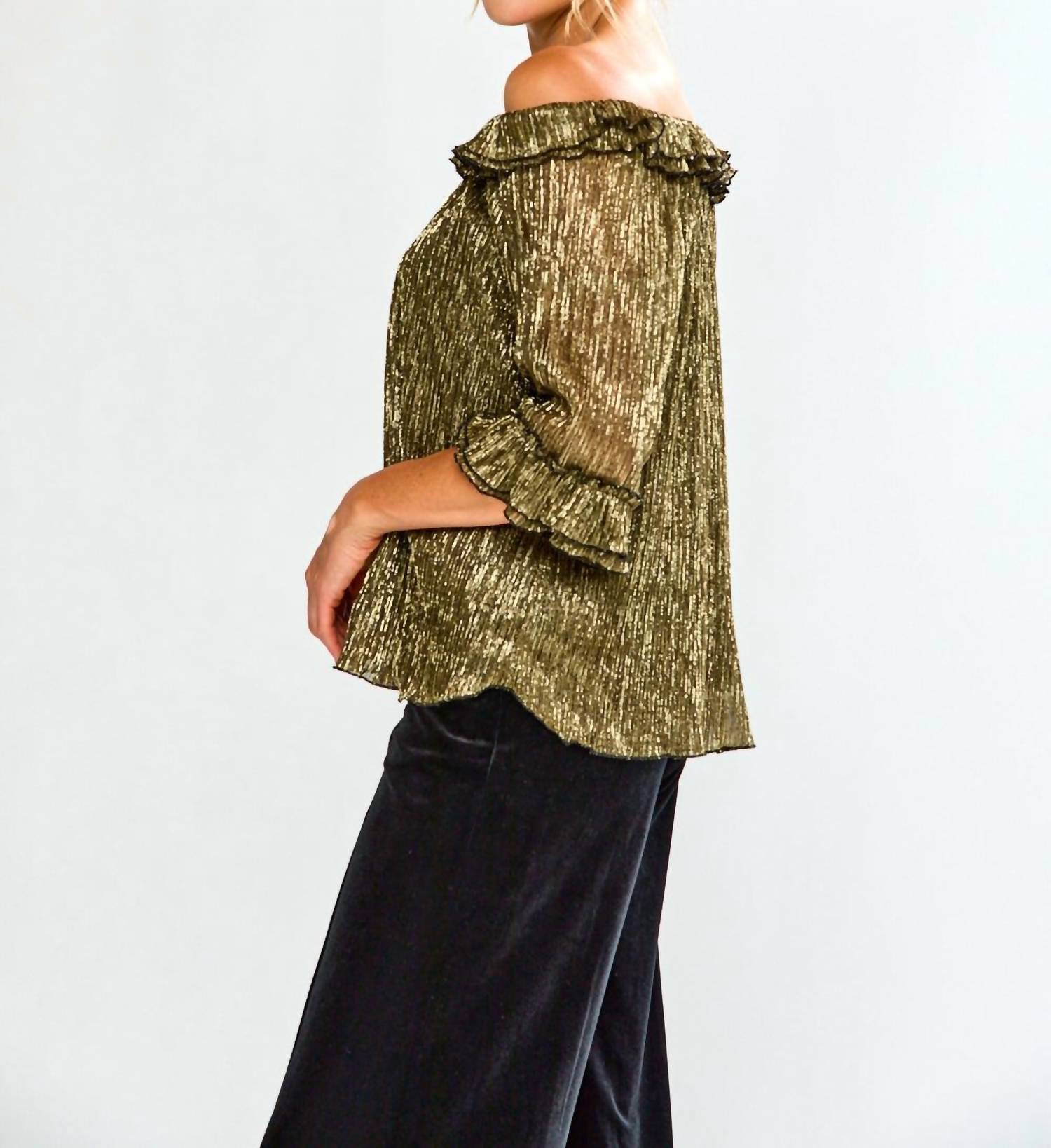 SARA CAMPBELL Candace Ruffle Neckline Top in black gold - women's t-shirt - view 4