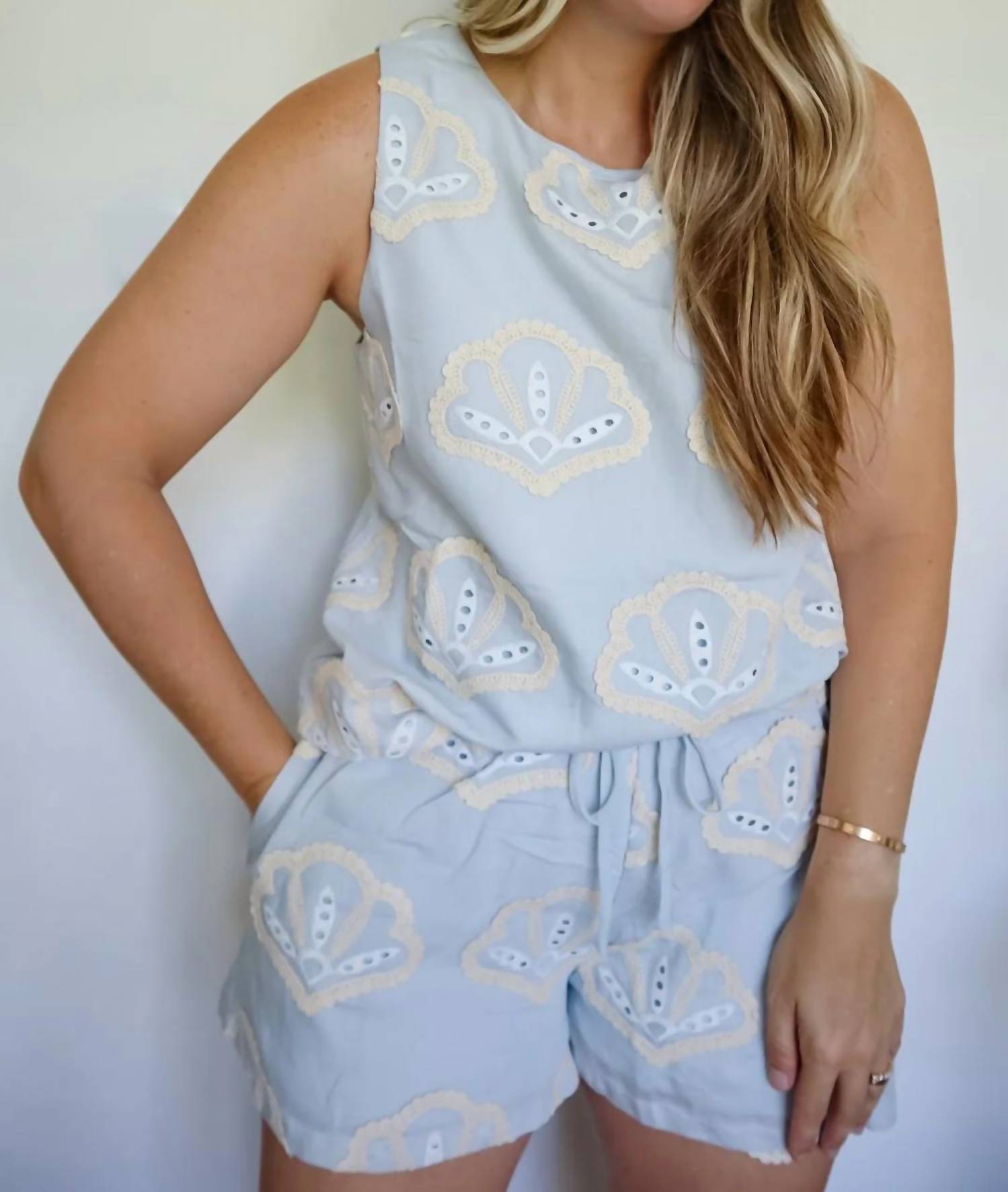 Lalavon - Sydney Seashell Embroidery Top & Shorts Set