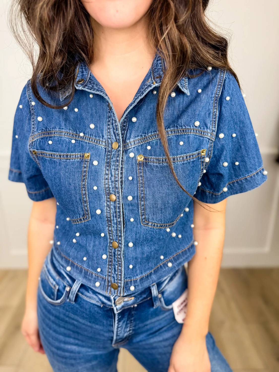 Cozy Co. - Constantly Amazed Cotton Short Sleeve Cropped Button Up Top