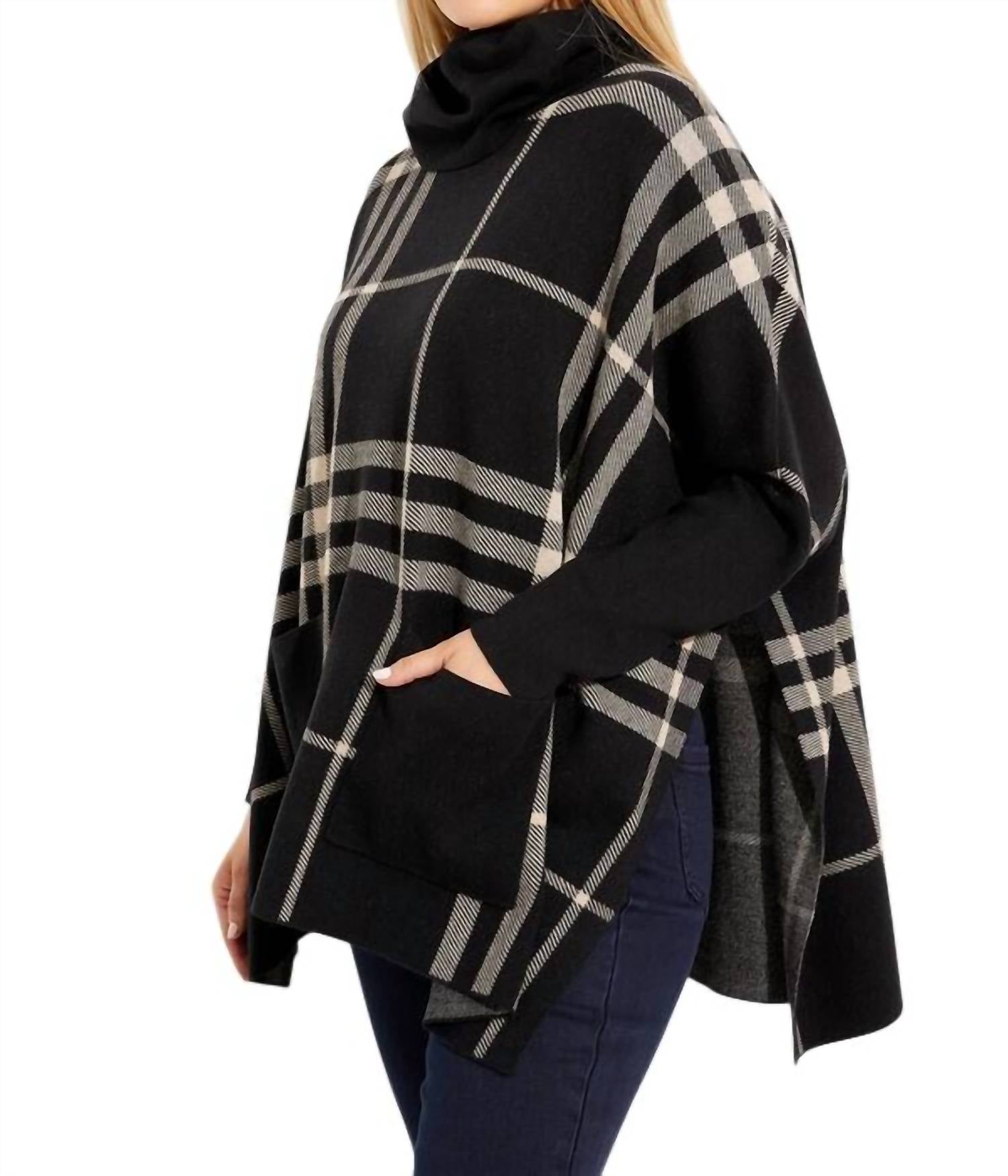 Joseph Ribkoff Plaid Turtleneck Tunic Top With Pockets in black oatmeal one - women's shirt - detail view