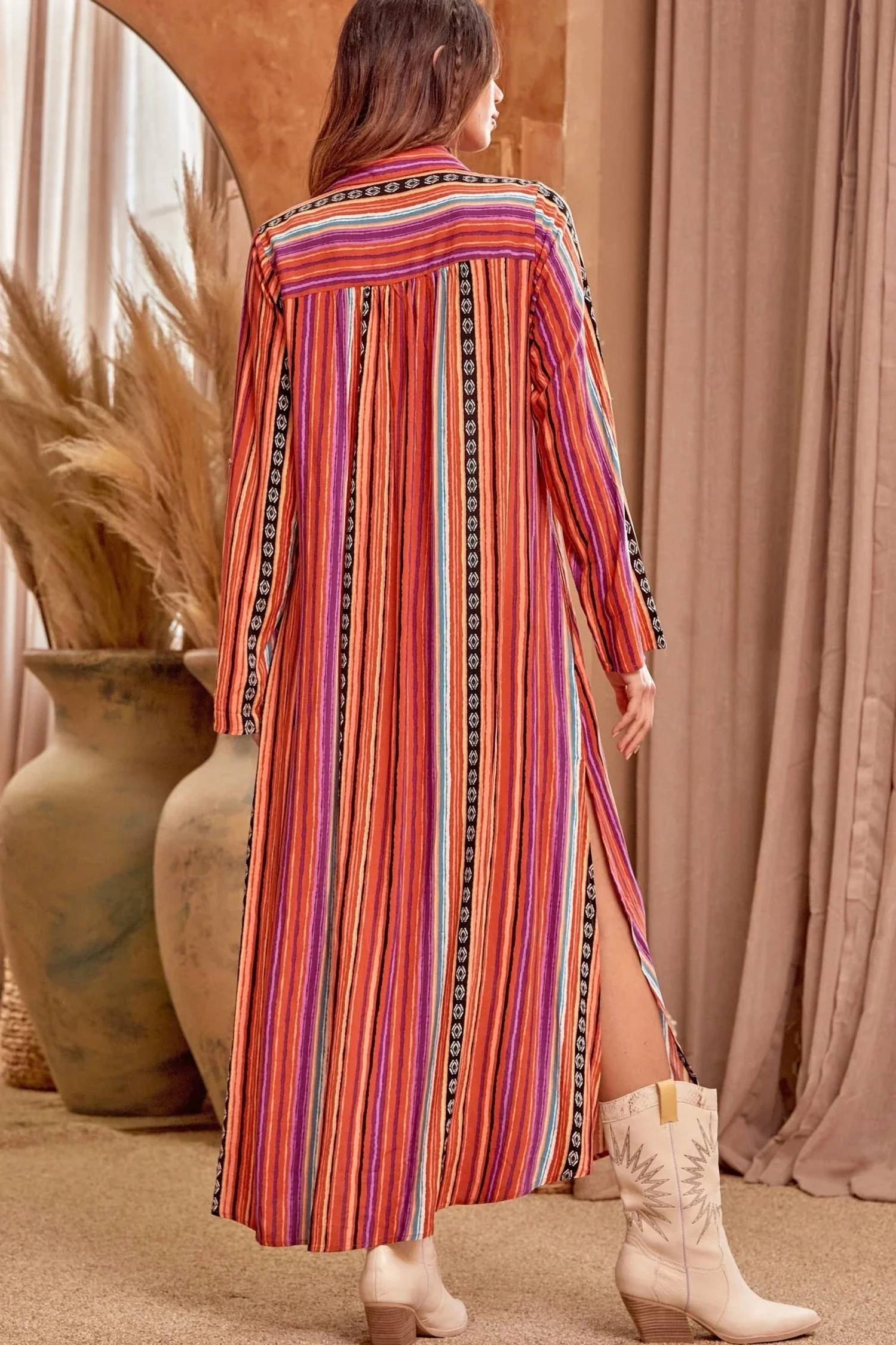 Andree By Unit - Embroidered Striped Duster Midi Dress