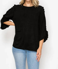 Joh suede top with ruffle on sleeve in black - women's blouse - detail view