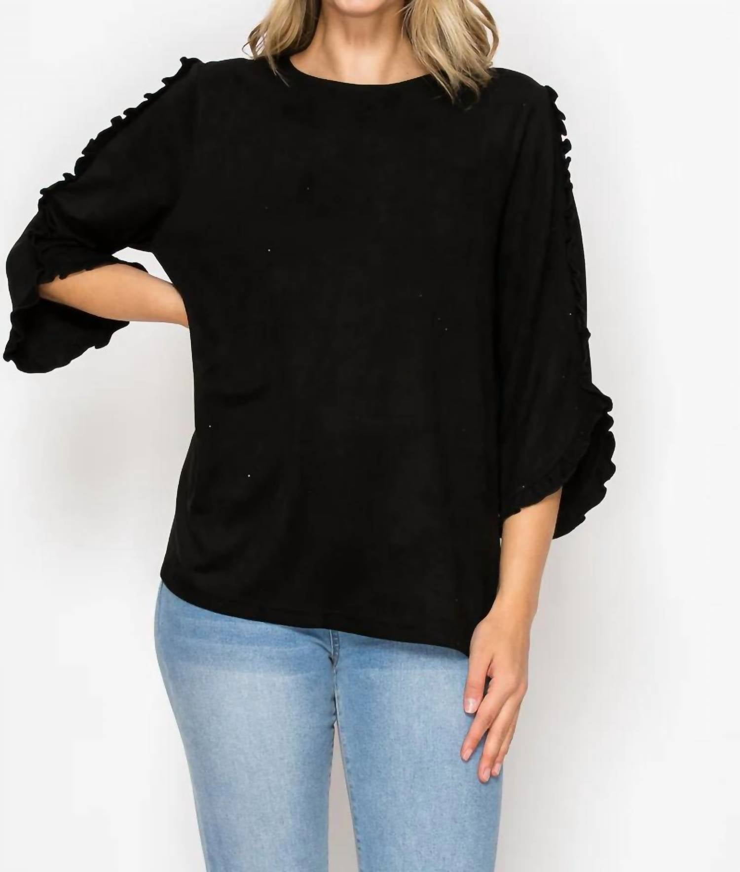 Joh suede top with ruffle on sleeve in black - women's blouse - detail view