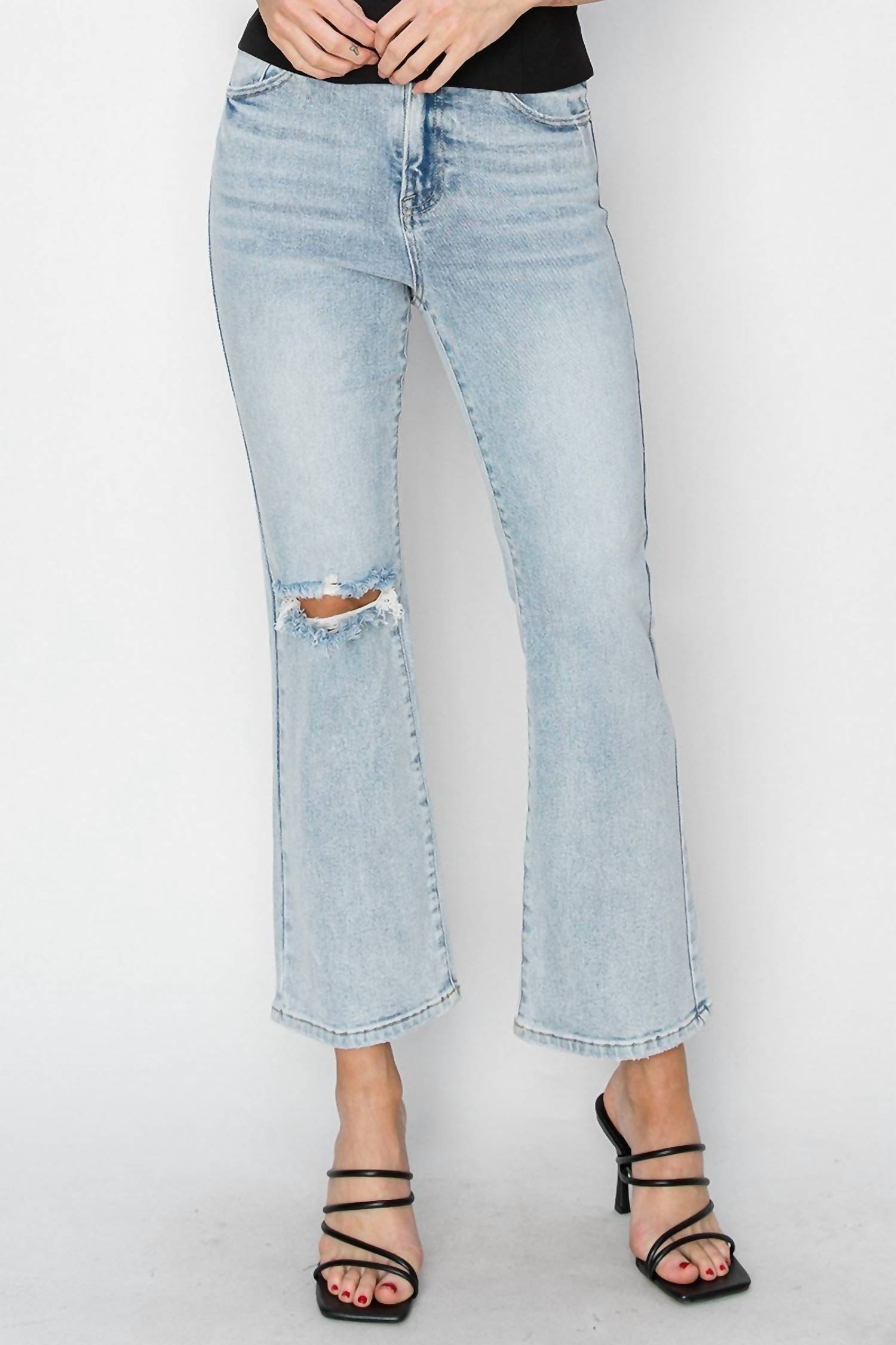 Risen - High Rise Knee Distressed Ankle Flare Jeans