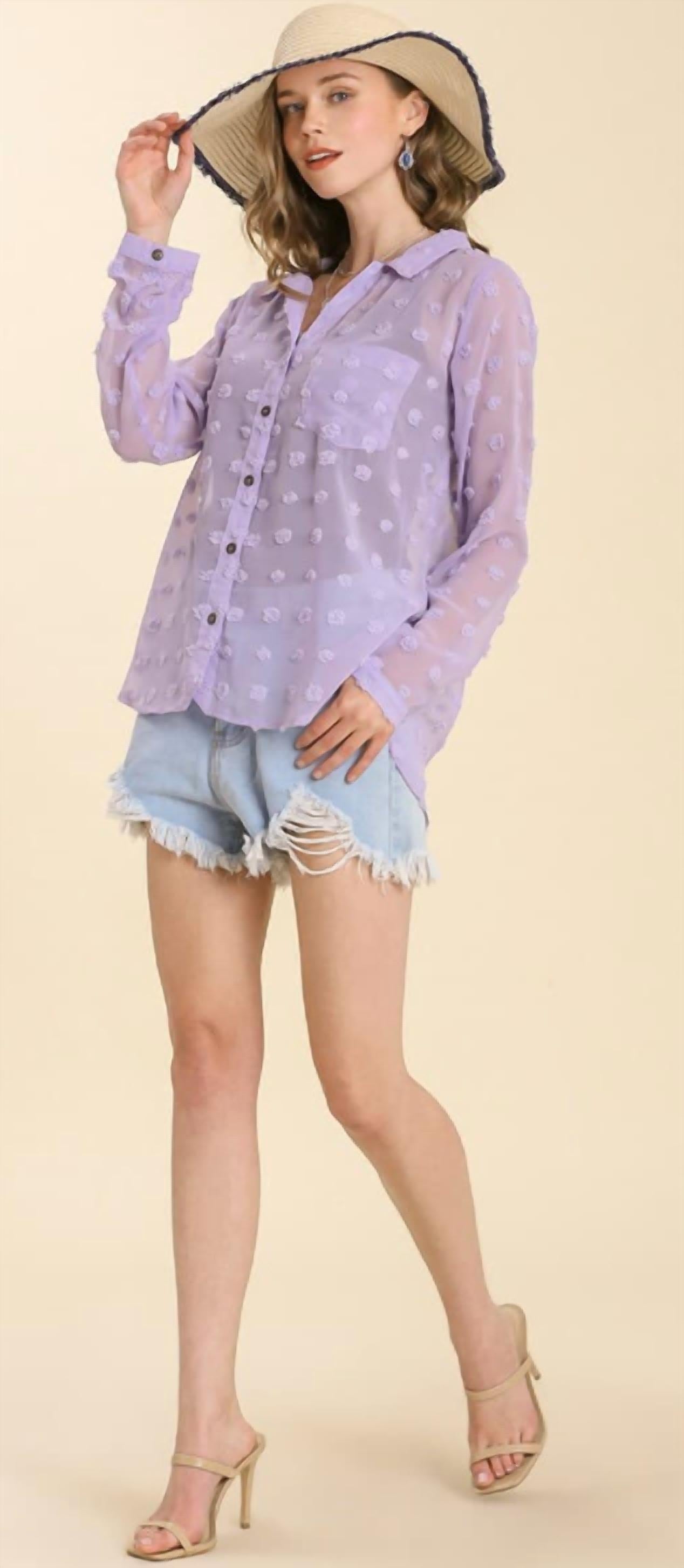 Umgee - Sheer Button Down Swiss Dot Shirt