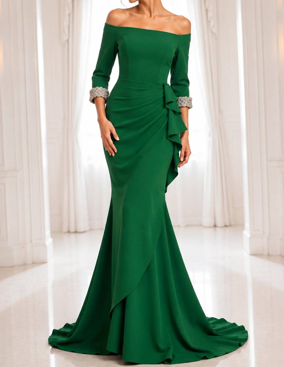 Jovani - Off-shoulder Gown With Beaded Cuffs