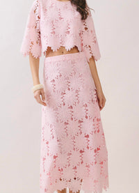 Tcec - Floral Lace Scalloped Hem Midi Skirt