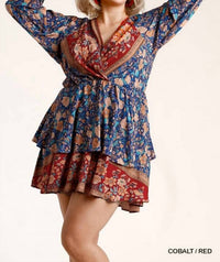 umgee Floral Border Print Layered Dress in blue - women's dress