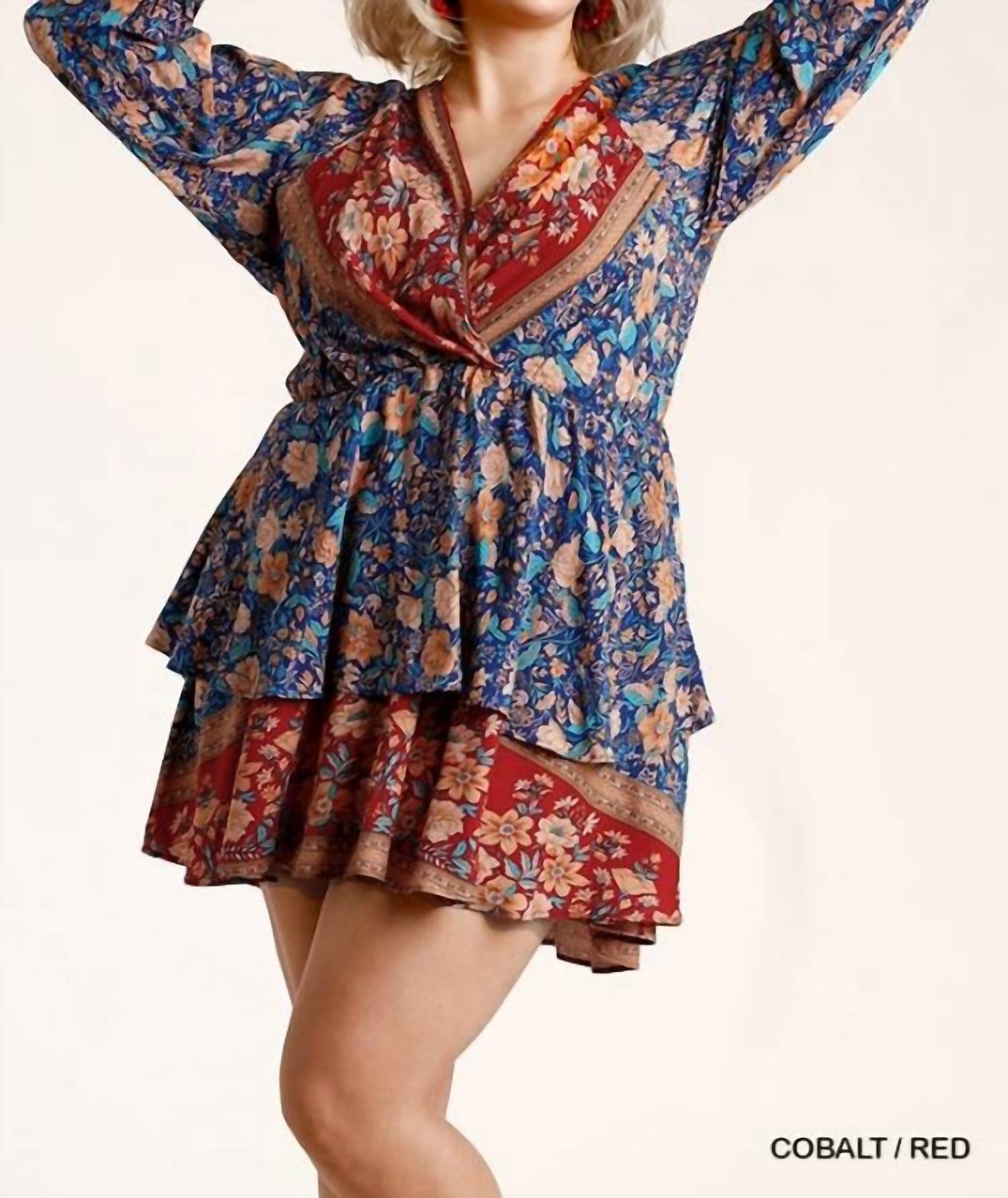 umgee Floral Border Print Layered Dress in blue - women's dress