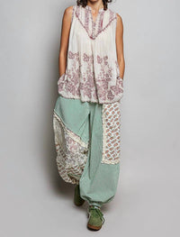 Pol - Embroidered V Neck Sleeveless Elastic Loop Shirring Top