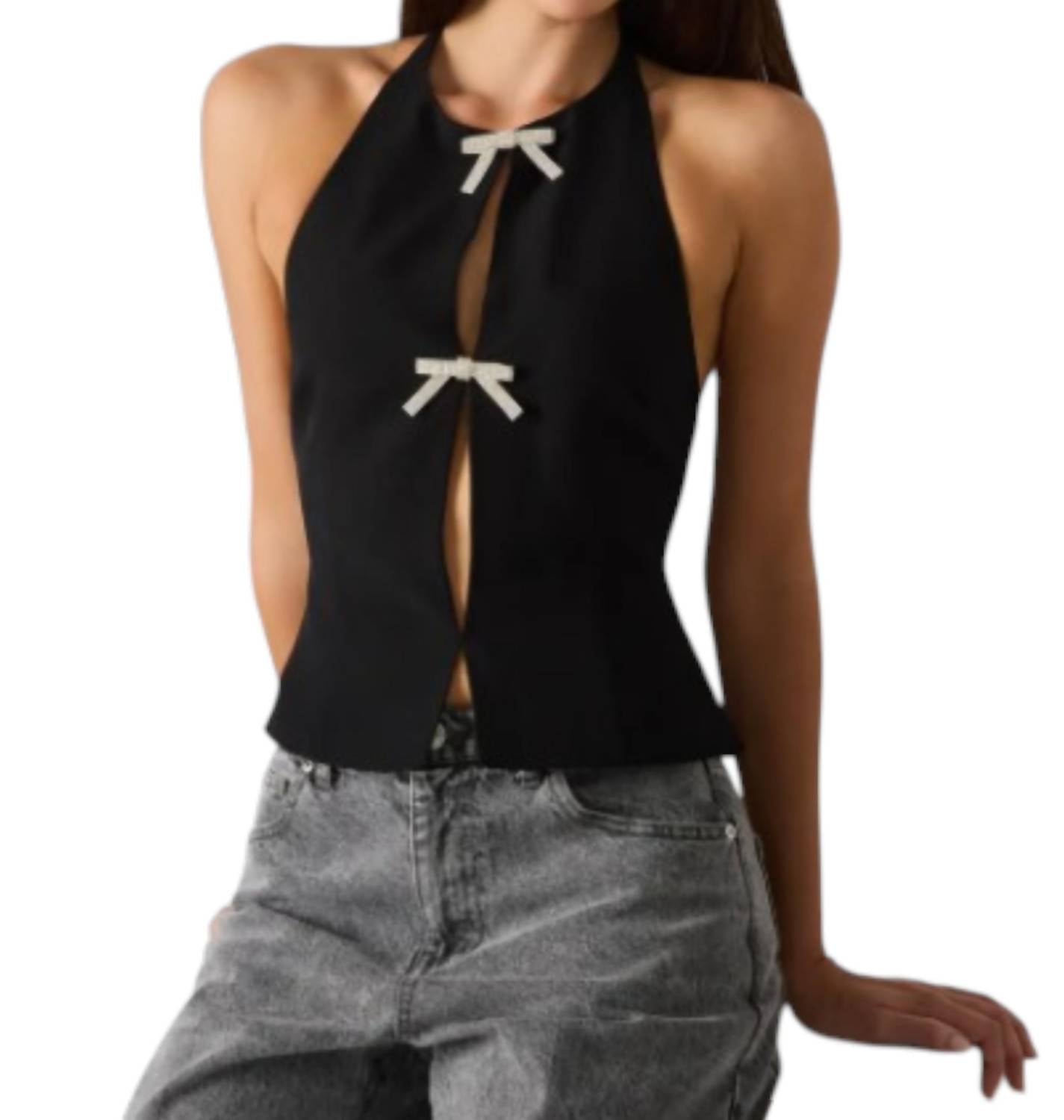 STEVE MADDEN Juvia Bow Halter Top in black rhinestone - women's tank top - detail view