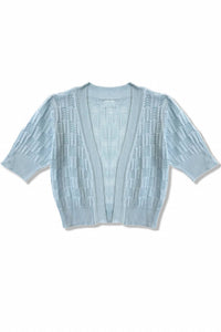 Katie J NYC Junior Goldi Short Sleeve Pointelle Cardigan in baby blue - women's cardigan - detail view