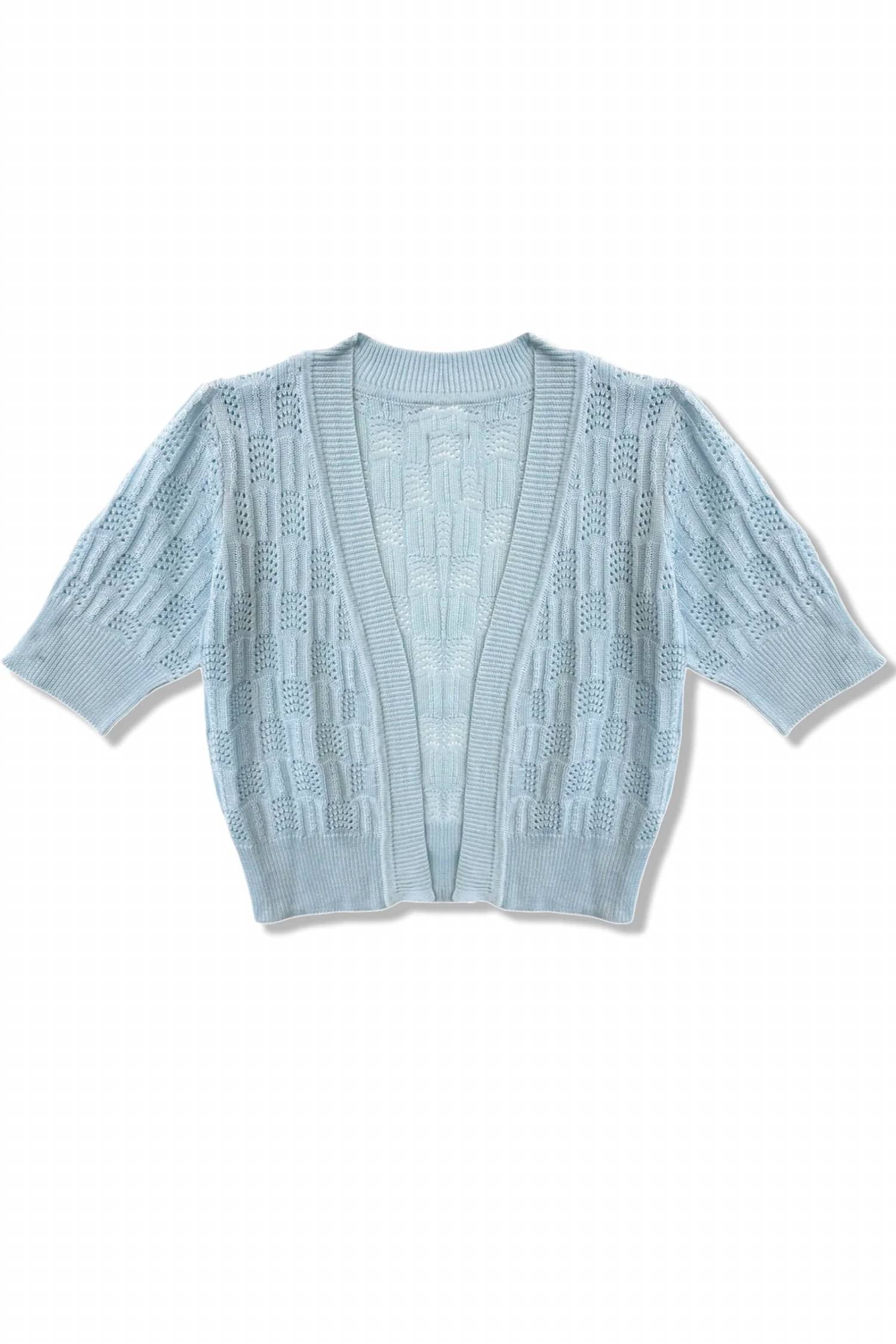 Katie J NYC Junior Goldi Short Sleeve Pointelle Cardigan in baby blue - women's cardigan - detail view