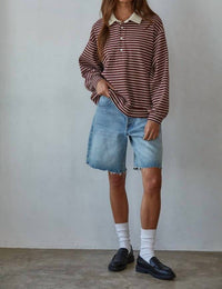 By Together Knit Ribbed Striped Button Up Pullover in red - women's long sleeve top - alternate view