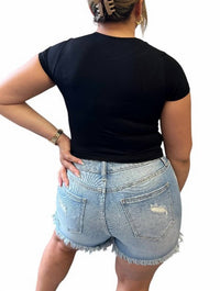 RISEN Mid-Rise Shorts with Fray Hem in blue - women's shorts - detail view