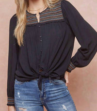Doe And Rae - Embroidered Smocked Blouse