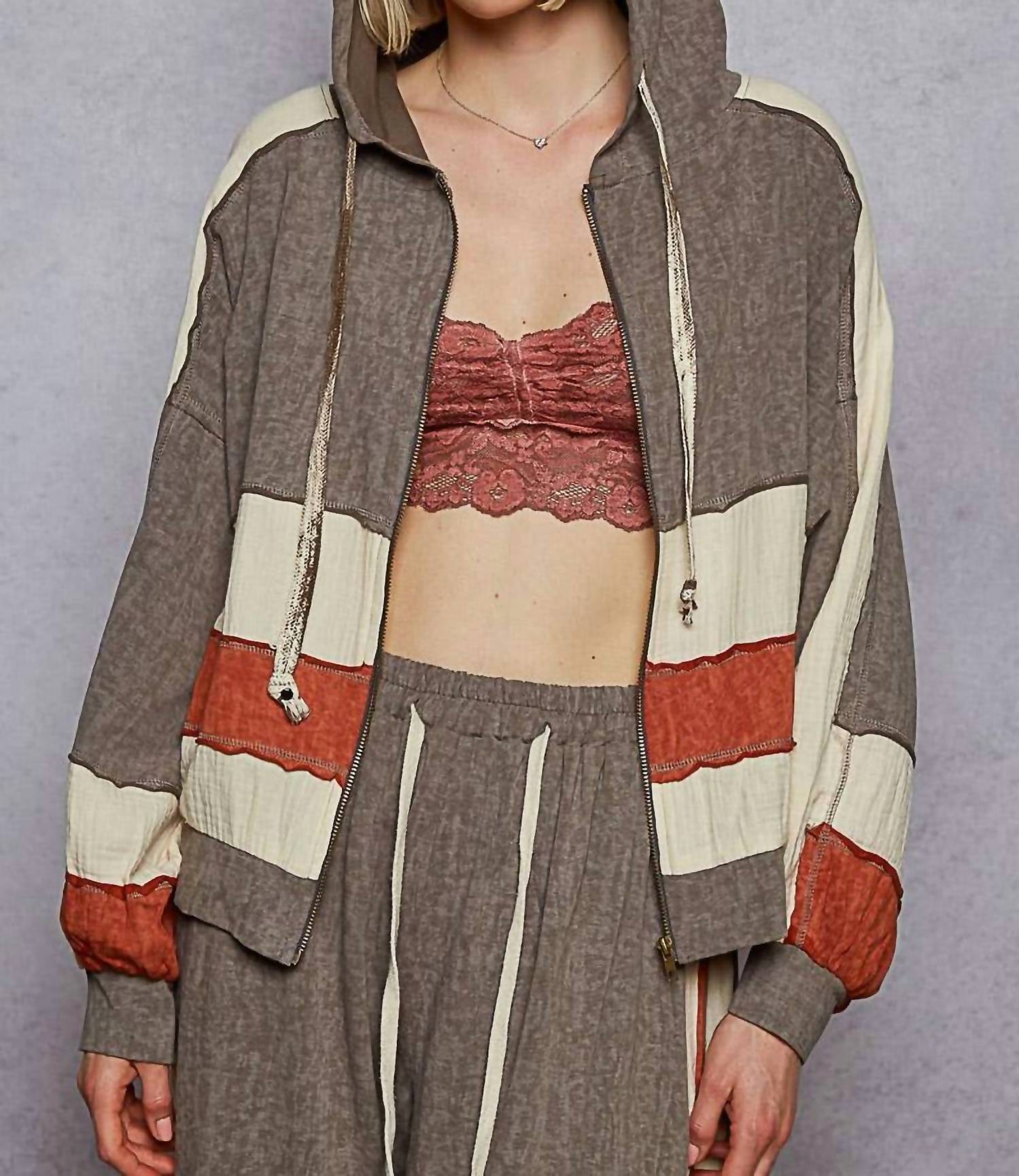 POL Vintage Washing Double Gauze Patch Solid Hooded Zip Up Top in charcoal - women's top