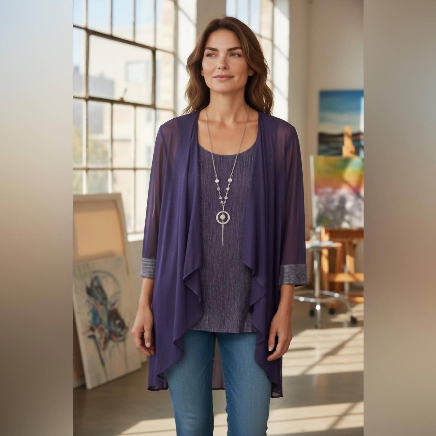 R&M Richards - Elegant Blouse Cardigan Necklace 3 Piece Set