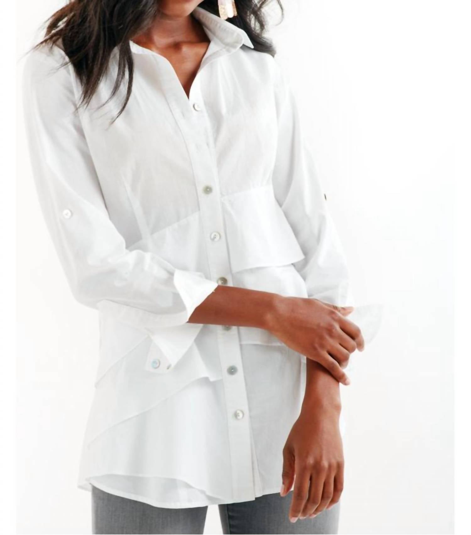 Finley Long Sleeve Button Up Ruffle Top in white - women's blouse