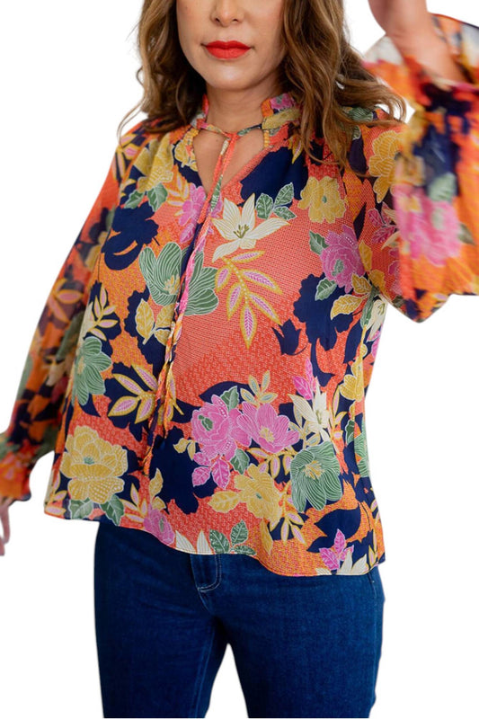 Fate - Long Sleeve Tie Neck Floral Print Top